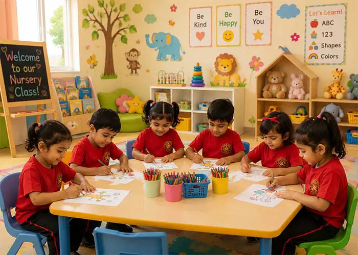 Nursery students learning alphabets numbers and creative activities in Lohegaon Pune